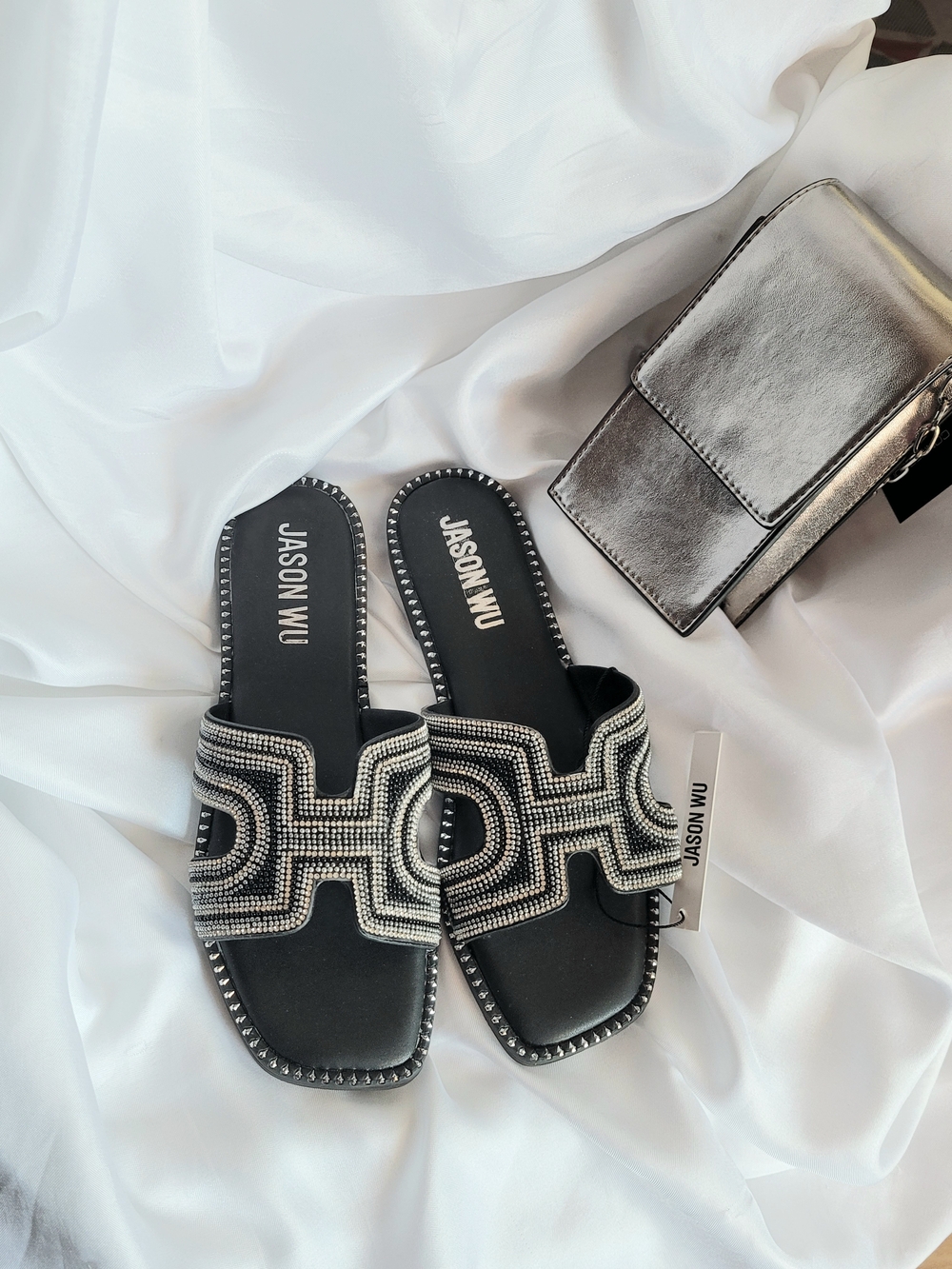 Jason Wu Black Beaded Slide Sandals with Silver Accents - Picture 6 of 6